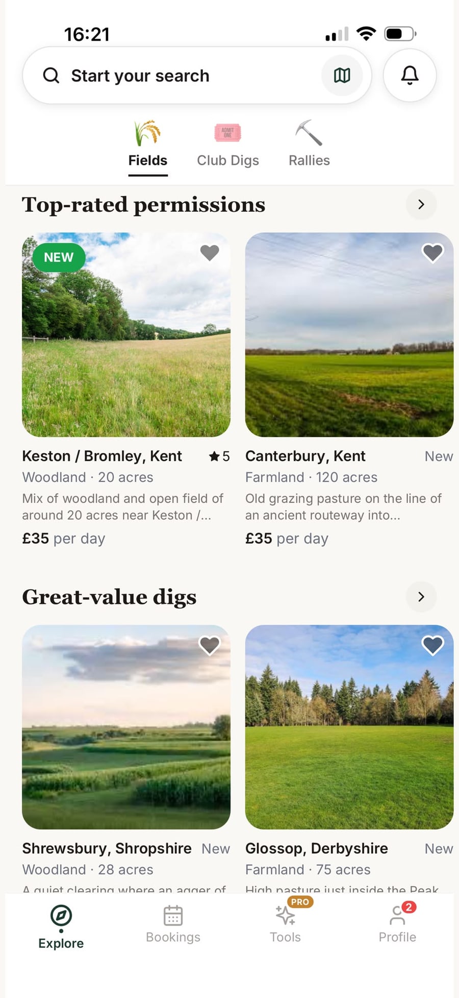 The FieldFinders app showing fields available to book