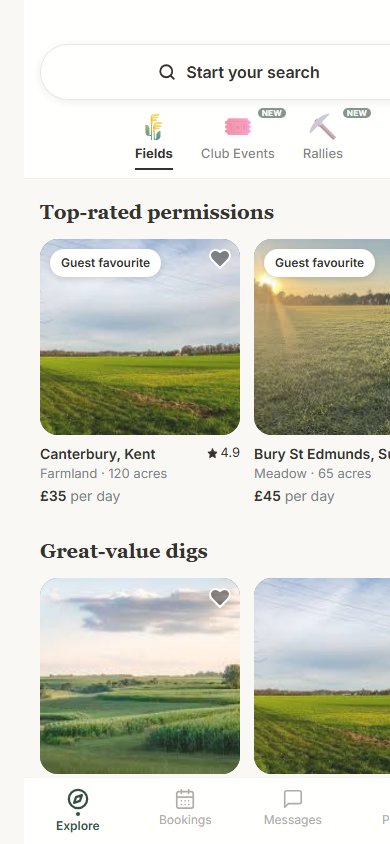 The FieldFinders app showing fields available to book