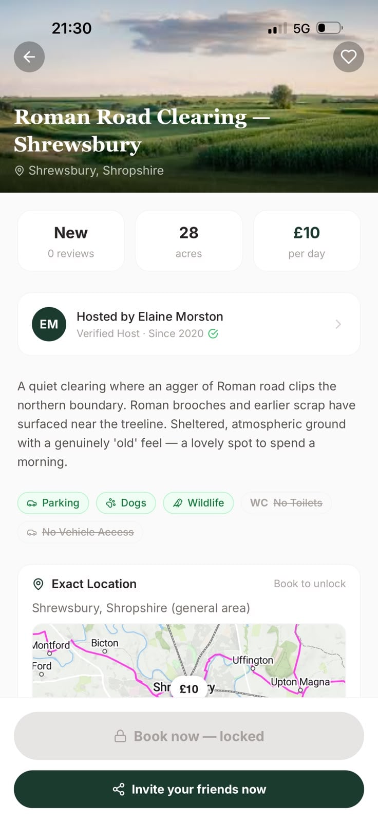 A FieldFinders field permission showing photos, history, host and booking
