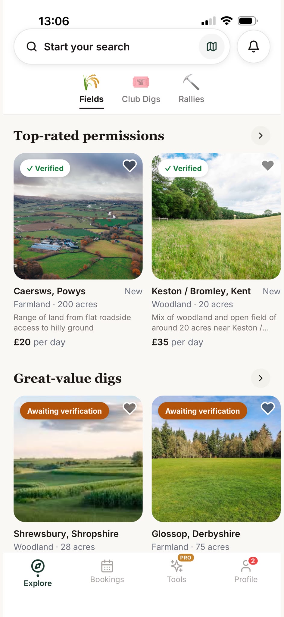 FieldFinders app browse screen showing top-rated permissions with verified badges and day rates