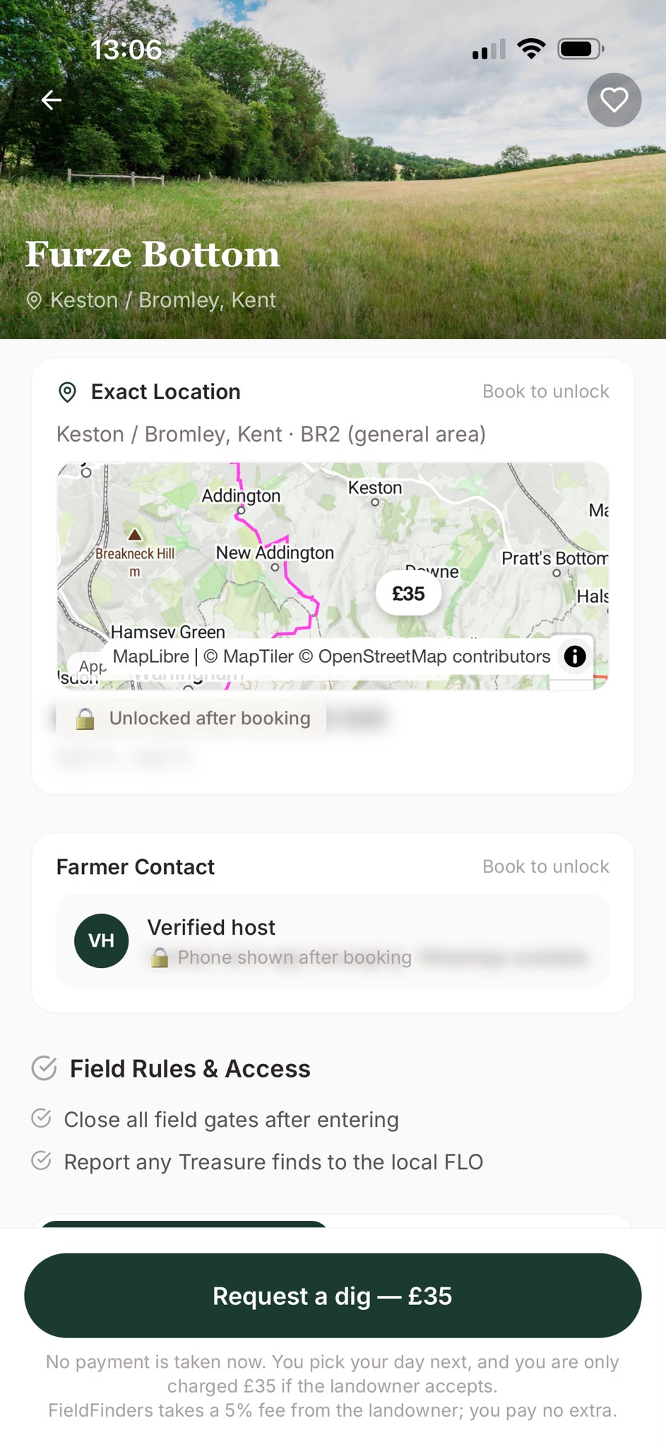 Field listing showing the general area, locked exact location, verified host and the request a dig button