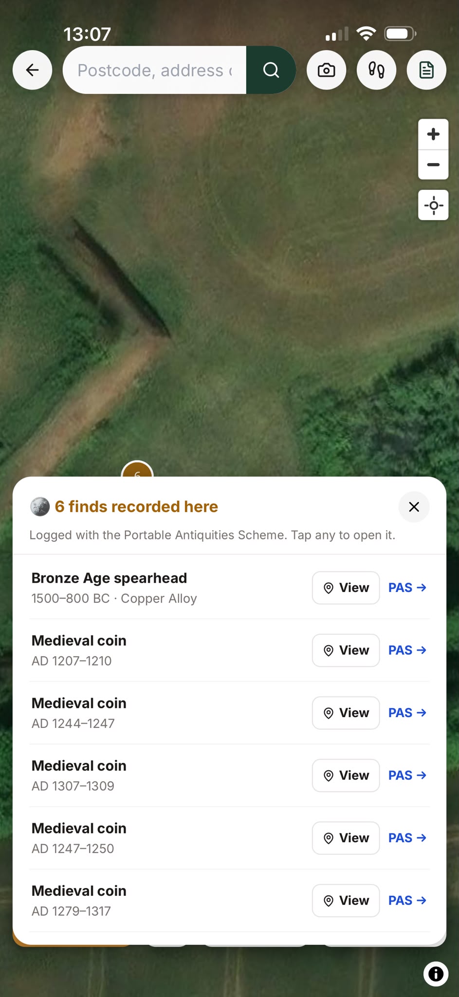 Six finds recorded at one spot, logged with the Portable Antiquities Scheme, each linking to its PAS record