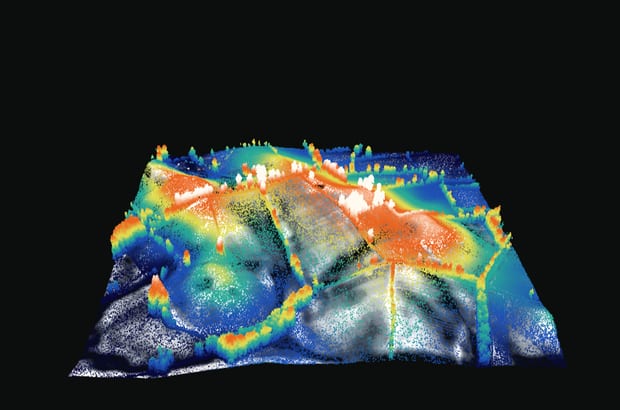 FieldFinders Hybrid LiDAR in 3D: a square kilometre of bare earth rendered as a point cloud, tilted, with the tree canopy dissolved away to show the ground beneath.
