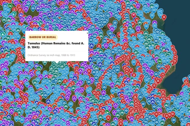 The historic records layer: hundreds of thousands of recorded mounds, camps, forts and lost settlements pinned across a satellite map of the English countryside.