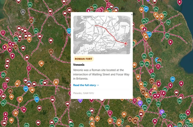 The Roman Empire layer: Roman roads drawn in crimson across the landscape with villas, forts and camps marked along them.